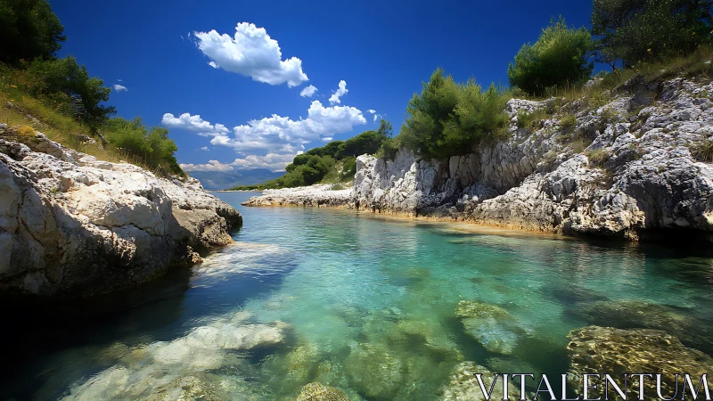 Rock-lined coastal inlet shows clear shallow water and sky