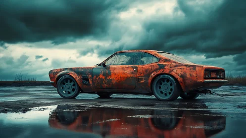 Rust-bright muscle car resting under gathering storm clouds.