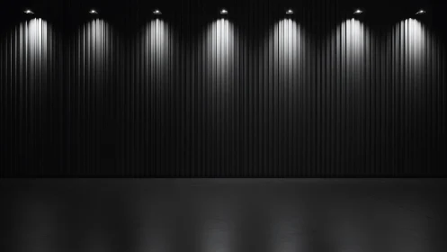 Symmetrical black ribbed wall under evenly spaced ceiling spotlights