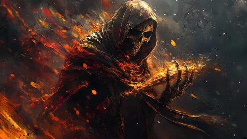 Burning reaper in a storm of embers commands fierce fire