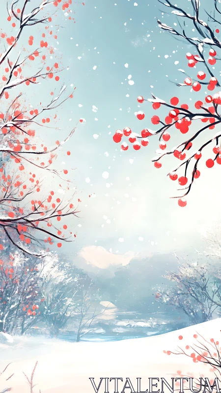Scarlet berries glow softly against a tranquil winter valley