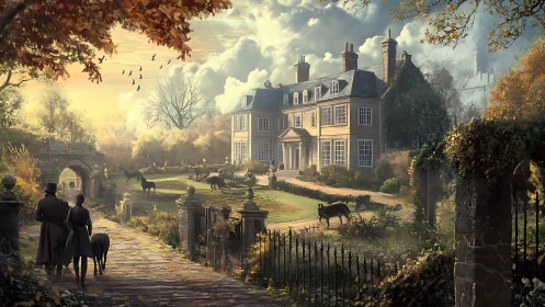 Digital painting of autumn manor promenade with equestrian lawn.