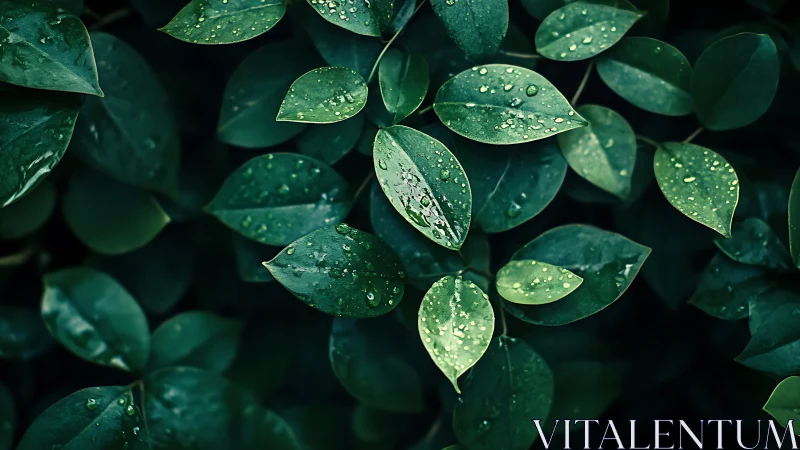 Gentle raindrops rest softly on deep green garden leaves