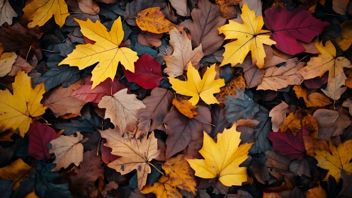 Colorful autumn maple leaves scattered on forest ground.
