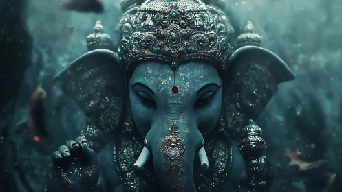 Digital rendering of ornate blue Ganesha idol in mystic haze