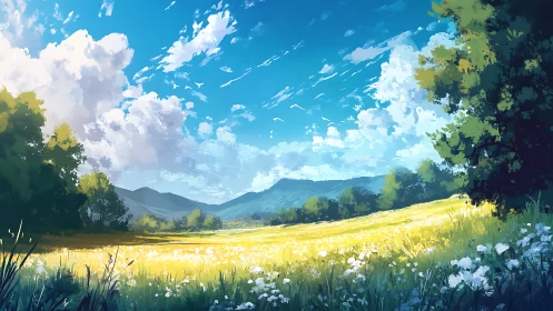 Sunlit meadow with distant mountains under clouded sky.