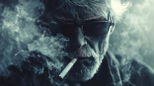 Older man in sunglasses smoking surrounded by dense smoke.