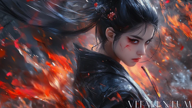 Sword-wielding woman amid swirling fire and embers.