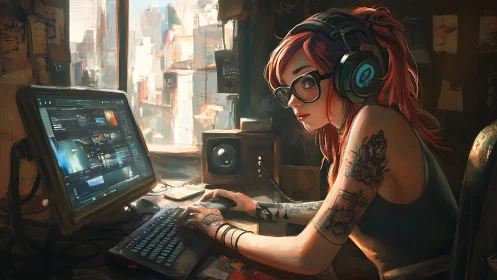 Red haired computer user with headphones in dim studio.