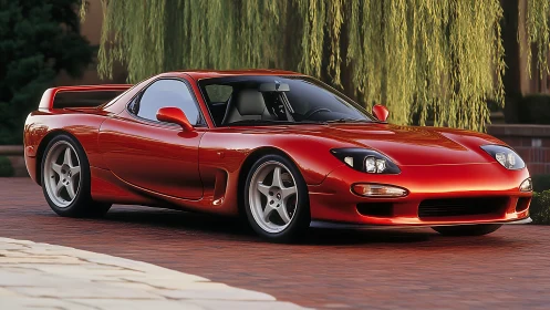 Sleek red sports coupe parked beneath lush willow trees.