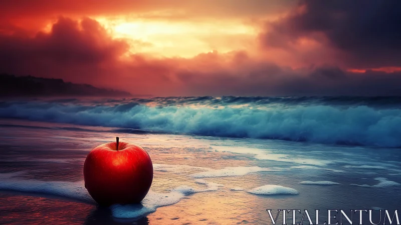Sunset-lit red apple rests calmly beside rolling ocean waves