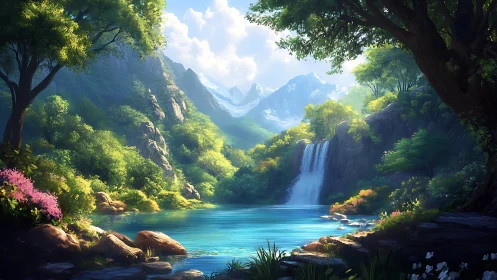 Sunlit alpine waterfall cascades into a turquoise forest lake