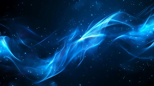 Luminous blue energy waves drift gently through a starry void