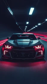 Midnight muscle car rushing through neon-lit tunnel streets.