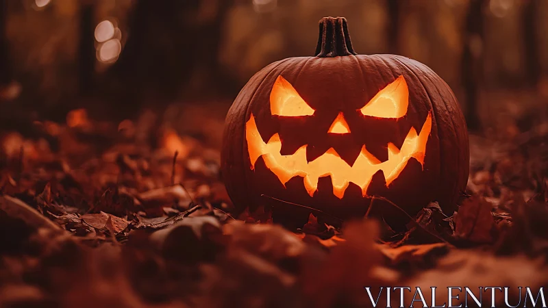 Low-angle jack-o-lantern illumination in shallow-focus forest scene.