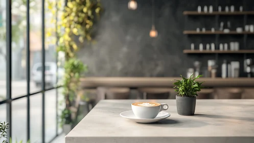 Latte art and potted foliage on minimalist concrete counter.