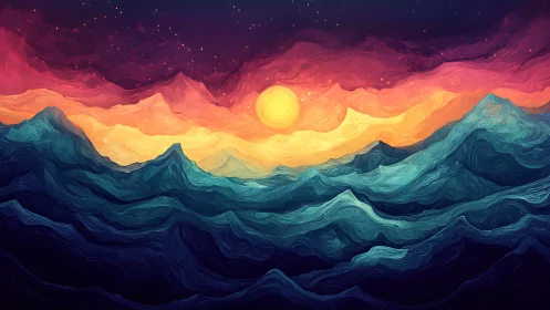 Sun over stylized teal mountains under vivid swirling sky