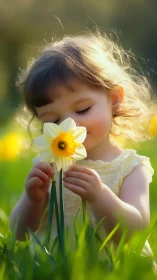 Backlit toddler smelling daffodil in shallow depth of field portrait