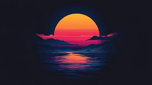 Sunset over stylized mountains is reflected across calm water