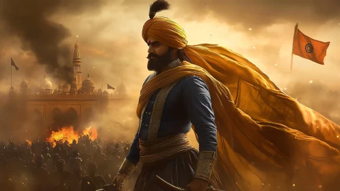 Turbanned warrior stands before burning fortress under smoke