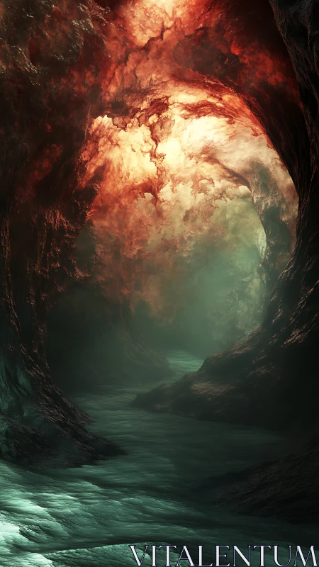 Glowing cavern river under swirling crimson clouds of light.