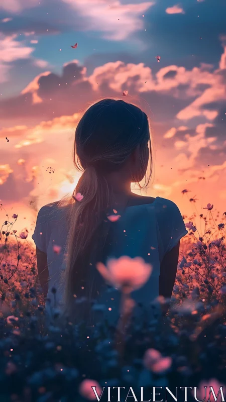 Figure in flower field under vivid sunset sky, rear view.