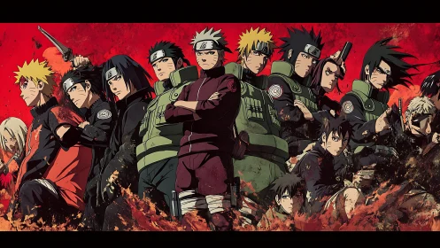 Tactical shinobi lineup against high-saturation crimson battlefield.