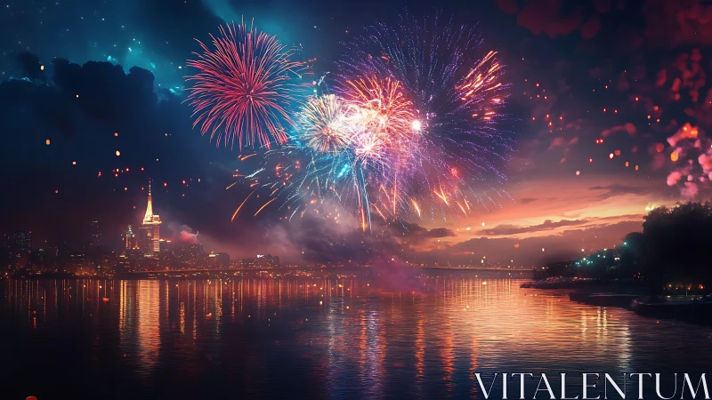 City shoreline fireworks painting the twilight sky in color.