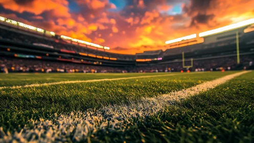 Photorealistic gridiron at sunset with shallow depth of field.