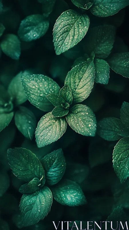 Mint leaves macro with morning dew in deep green focus.
