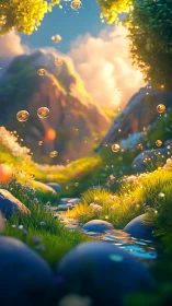 Glowing bubbles drift above a sunlit enchanted stream.