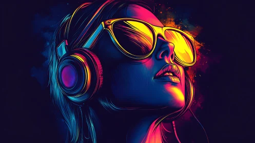 Neon-lit woman with headphones drifts into immersive sound