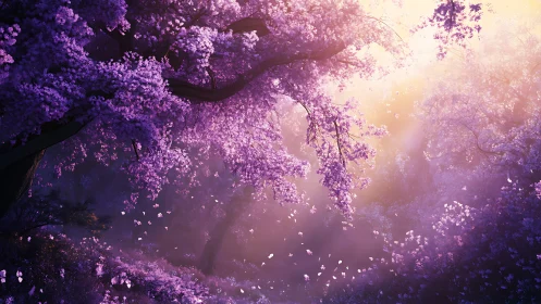 Digital painting of luminous violet blossom canopy at dusk.