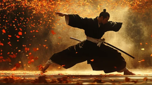 Samurai warrior executes dynamic kata amid autumn leaves