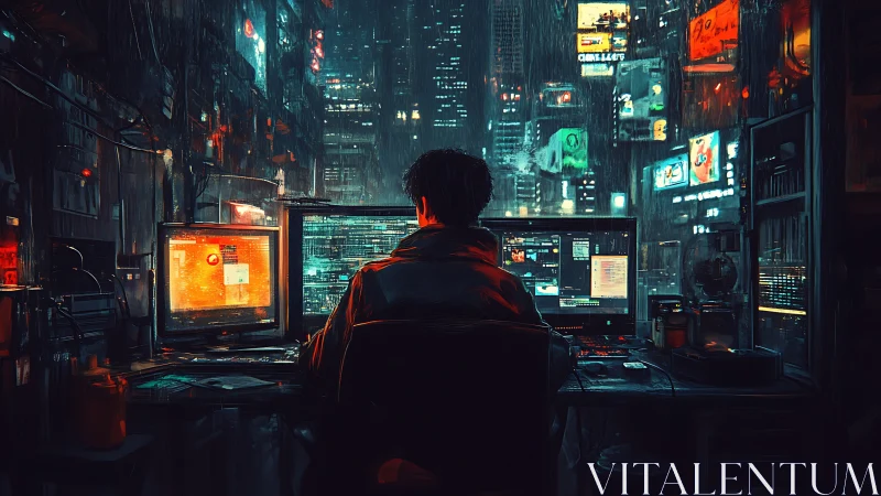 Hacker monitors data streams in neon lit cyberpunk city