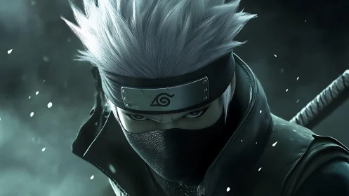Masked silver-haired ninja portrait with metal forehead protector