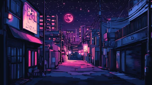 Neon-lit urban alley under magenta moon and starfield.