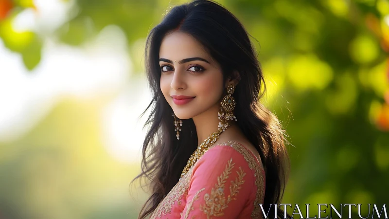 Portrait of woman in pink embroidered saree outdoors