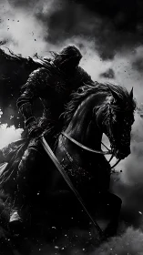 Black armored rider on warhorse in stormy monochrome scene.