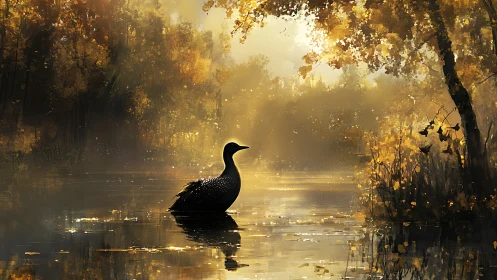 Golden mist crowns a lone waterbird in autumn hush