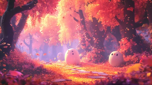 Soft-bodied forest spirits along luminous autumn pathway