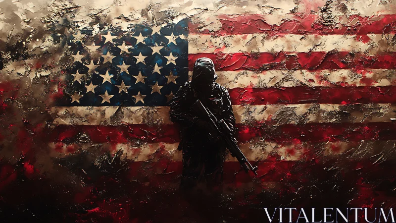 Lone soldier silhouetted against a textured US flag backdrop.