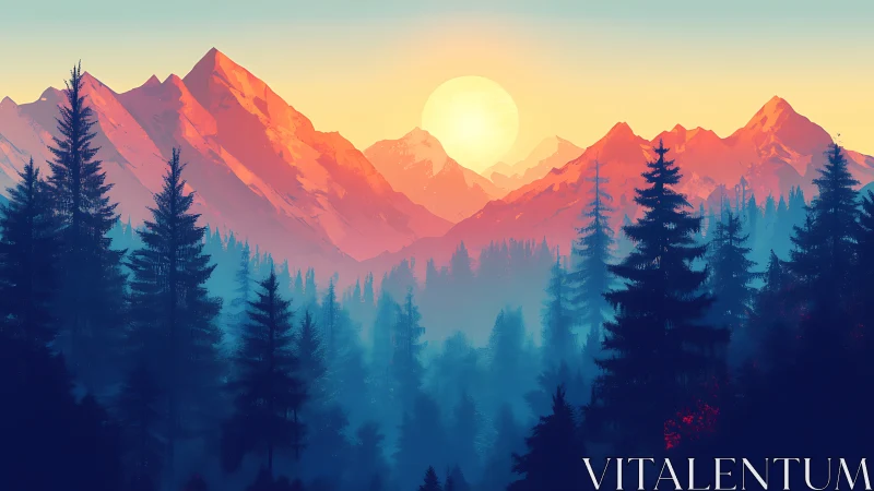 Sunrise paints misty pines and neon peaks into quiet fire