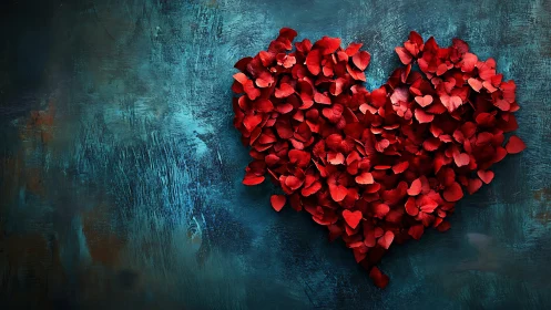 Red Rose Petals Arranged as Heart on Textured Blue Surface
