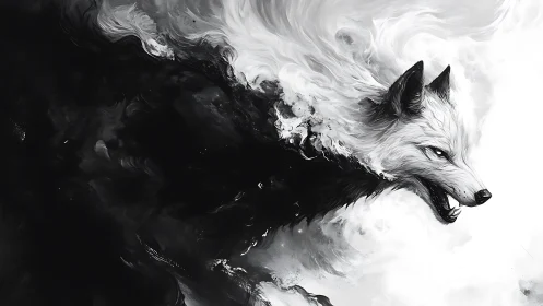 Monochrome spectral fox emerges from fluid ink vortices