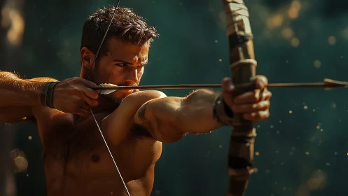 Focused archer draws his bow with calm, steady strength.
