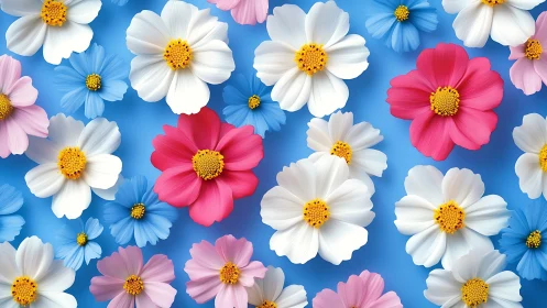 Vibrant Cosmos Blooms Against Azure Canvas.