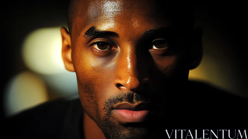 Intense low-key portrait with dramatic frontal spotlighting.