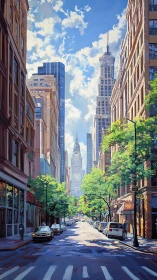 Urban street canyon shows mid-rise buildings and distant tower