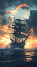Tall ship cuts through sunset waves beneath storm clouds.